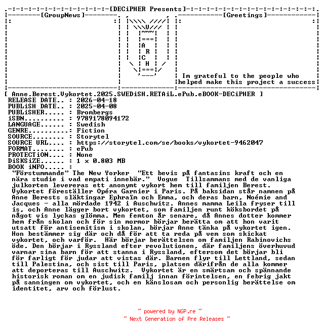 NFO for the release Anne.Berest.Vykortet.2025.SWEDiSH.RETAiL.ePub.eBOOK-DECiPHER by DECiPHER