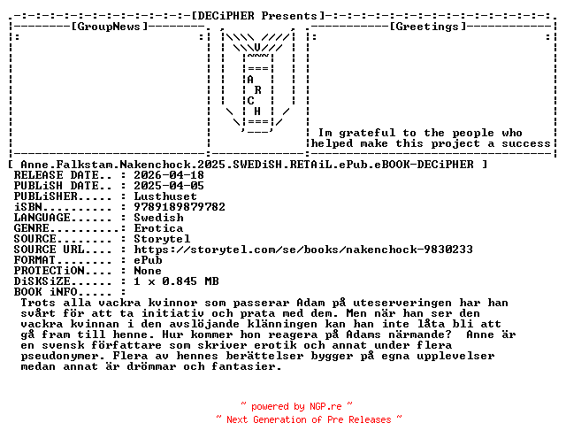 NFO for the release Anne.Falkstam.Nakenchock.2025.SWEDiSH.RETAiL.ePub.eBOOK-DECiPHER by DECiPHER
