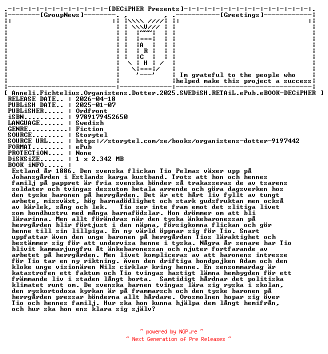 NFO for the release Anneli.Fichtelius.Organistens.Dotter.2025.SWEDiSH.RETAiL.ePub.eBOOK-DECiPHER by DECiPHER