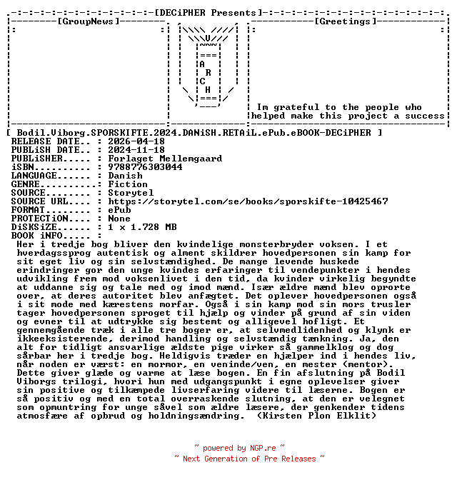 NFO for the release Bodil.Viborg.Sporskifte.2024.DANiSH.RETAiL.ePub.eBOOK-DECiPHER by DECiPHER
