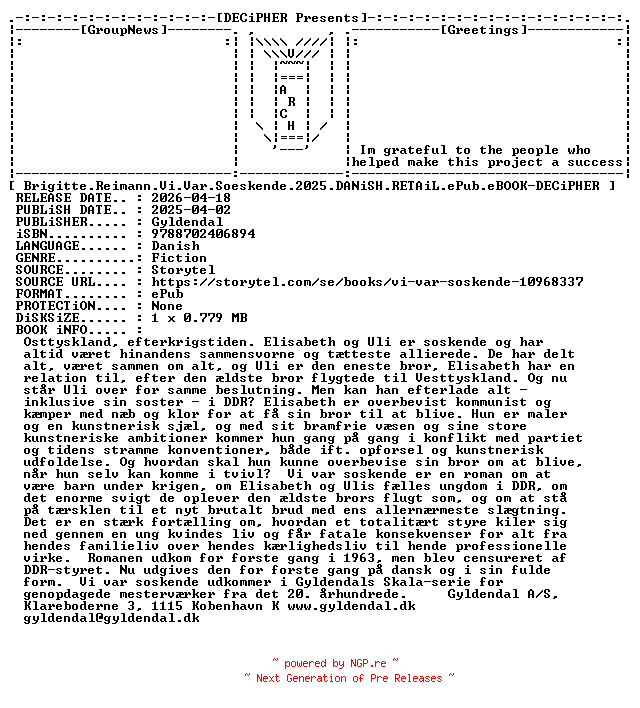 NFO for the release Brigitte.Reimann.Vi.Var.Soeskende.2025.DANiSH.RETAiL.ePub.eBOOK-DECiPHER by DECiPHER