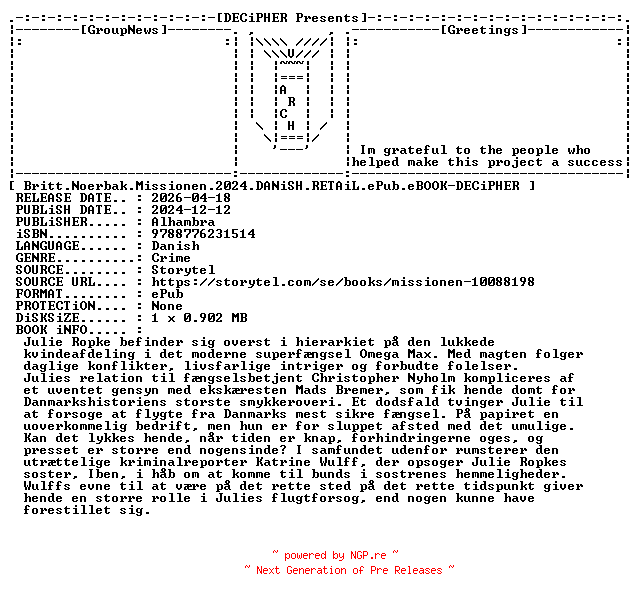 NFO for the release Britt.Noerbak.Missionen.2024.DANiSH.RETAiL.ePub.eBOOK-DECiPHER by DECiPHER