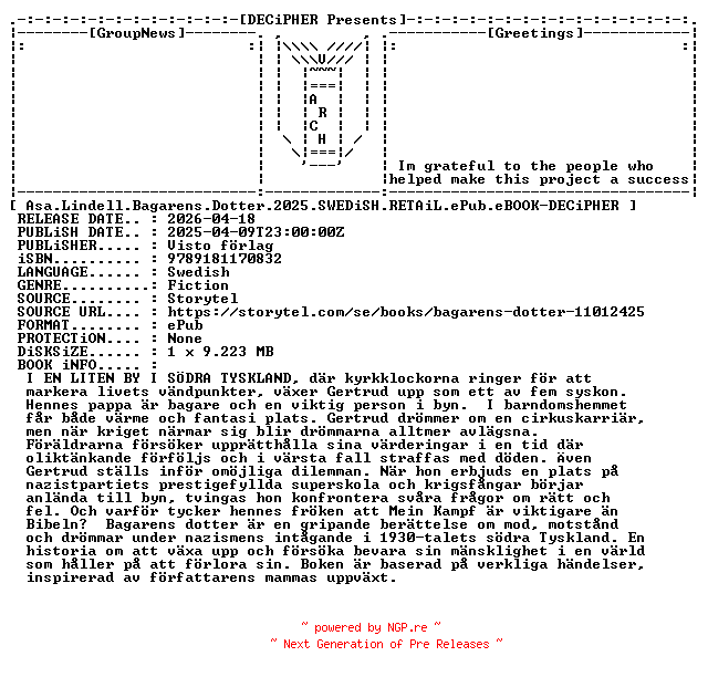 NFO for the release Asa.Lindell.Bagarens.Dotter.2025.SWEDiSH.RETAiL.ePub.eBOOK-DECiPHER by DECiPHER