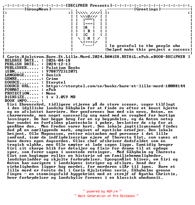 NFO for the release Carin.Hjulstrom.Bare.Et.Lille.Mord.2024.DANiSH.RETAiL.ePub.eBOOK-DECiPHER by DECiPHER