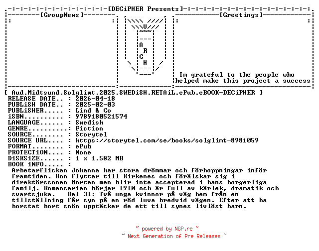 NFO for the release Aud.Midtsund.Solglimt.2025.SWEDiSH.RETAiL.ePub.eBOOK-DECiPHER by DECiPHER