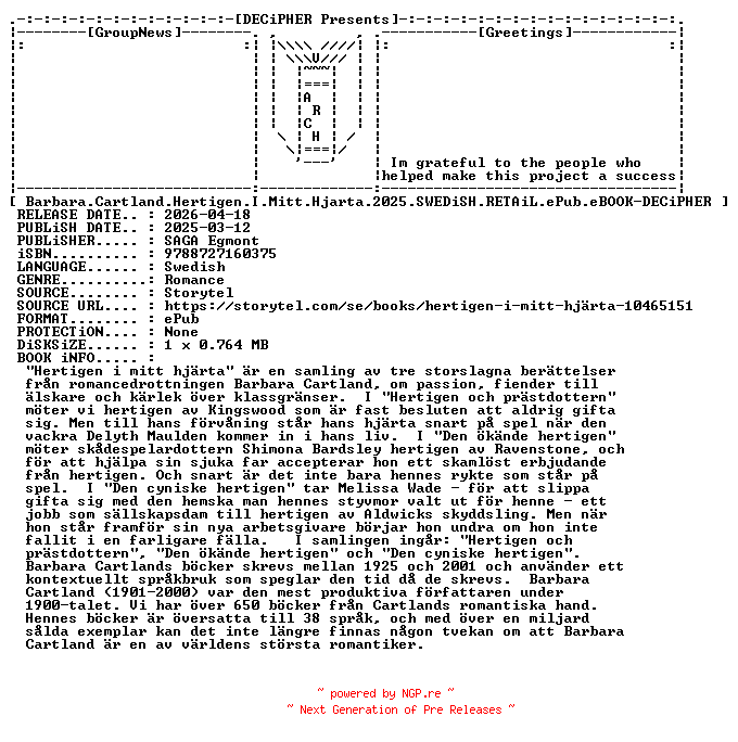 NFO for the release Barbara.Cartland.Hertigen.I.Mitt.Hjarta.2025.SWEDiSH.RETAiL.ePub.eBOOK-DECiPHER by DECiPHER