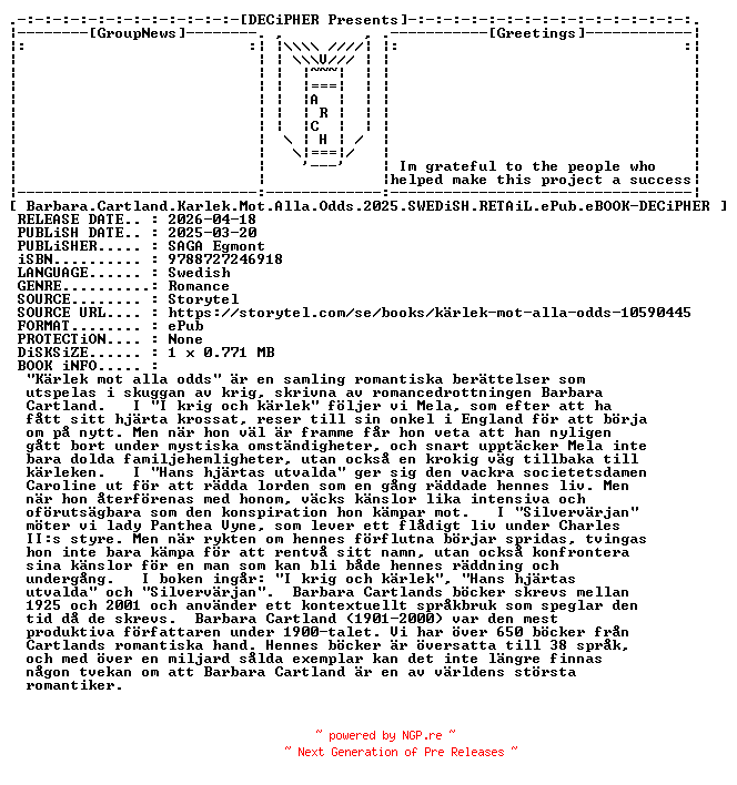 NFO for the release Barbara.Cartland.Karlek.Mot.Alla.Odds.2025.SWEDiSH.RETAiL.ePub.eBOOK-DECiPHER by DECiPHER