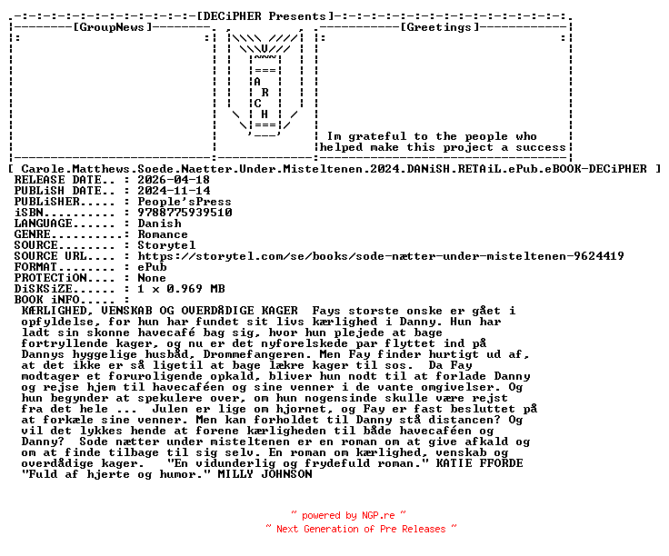 NFO for the release Carole.Matthews.Soede.Naetter.Under.Misteltenen.2024.DANiSH.RETAiL.ePub.eBOOK-DECiPHER by DECiPHER