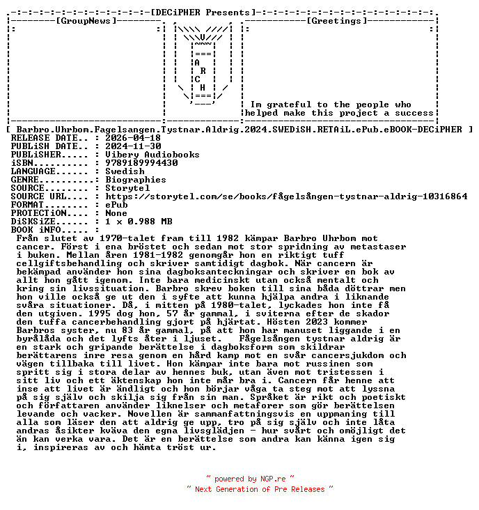NFO for the release Barbro.Uhrbom.Fagelsangen.Tystnar.Aldrig.2024.SWEDiSH.RETAiL.ePub.eBOOK-DECiPHER by DECiPHER