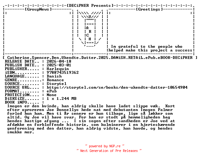 NFO for the release Catherine.Spencer.Den.Ukendte.Datter.2025.DANiSH.RETAiL.ePub.eBOOK-DECiPHER by DECiPHER