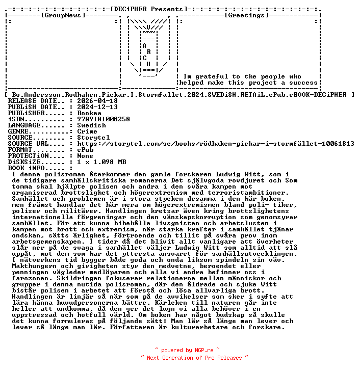 NFO for the release Bo.Andersson.Rodhaken.Pickar.I.Stormfallet.2024.SWEDiSH.RETAiL.ePub.eBOOK-DECiPHER by DECiPHER