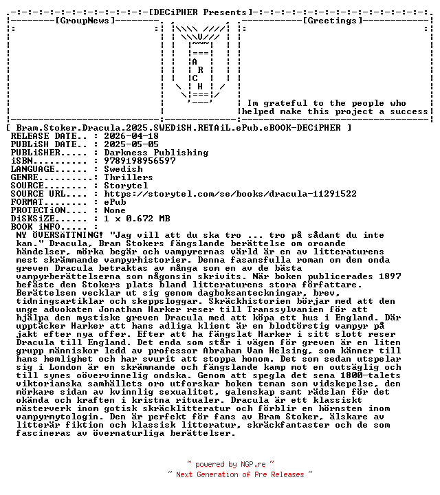 NFO for the release Bram.Stoker.Dracula.2025.SWEDiSH.RETAiL.ePub.eBOOK-DECiPHER by DECiPHER