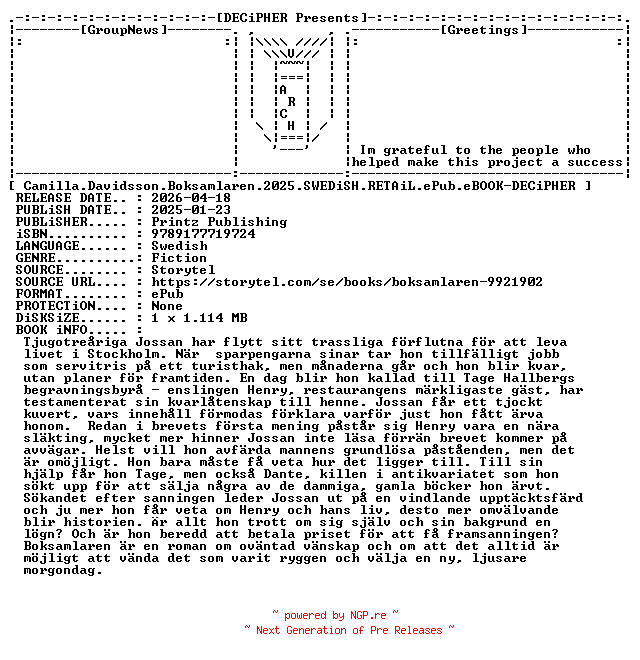 NFO for the release Camilla.Davidsson.Boksamlaren.2025.SWEDiSH.RETAiL.ePub.eBOOK-DECiPHER by DECiPHER