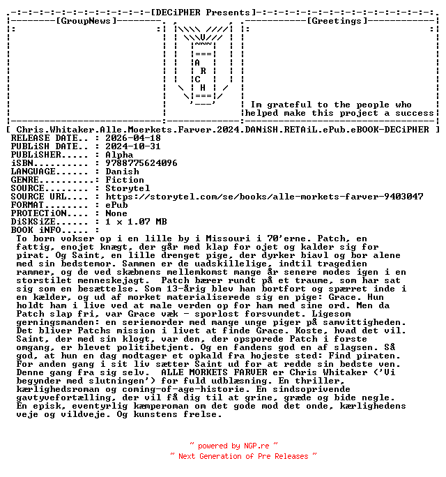 NFO for the release Chris.Whitaker.Alle.Moerkets.Farver.2024.DANiSH.RETAiL.ePub.eBOOK-DECiPHER by DECiPHER