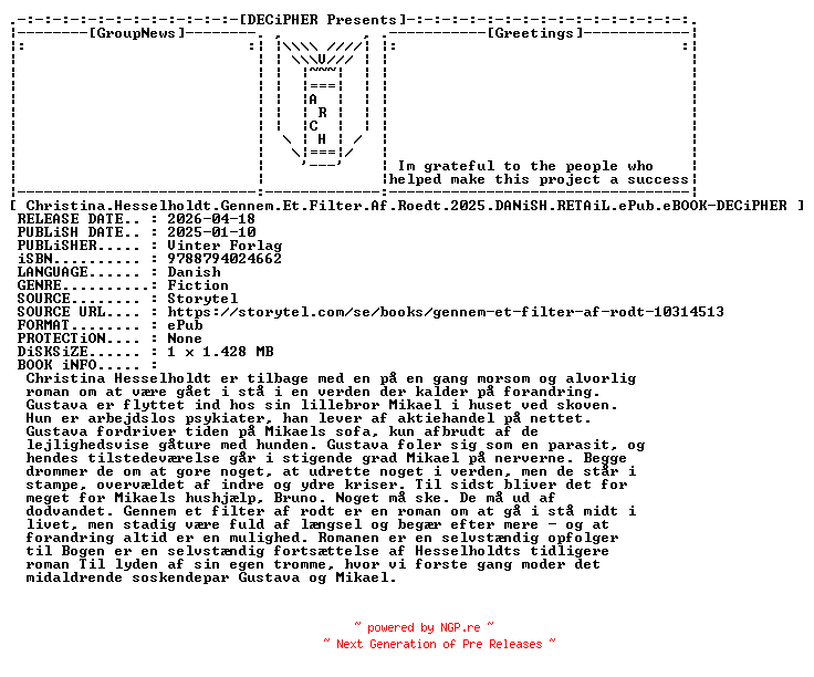 NFO for the release Christina.Hesselholdt.Gennem.Et.Filter.Af.Roedt.2025.DANiSH.RETAiL.ePub.eBOOK-DECiPHER by DECiPHER
