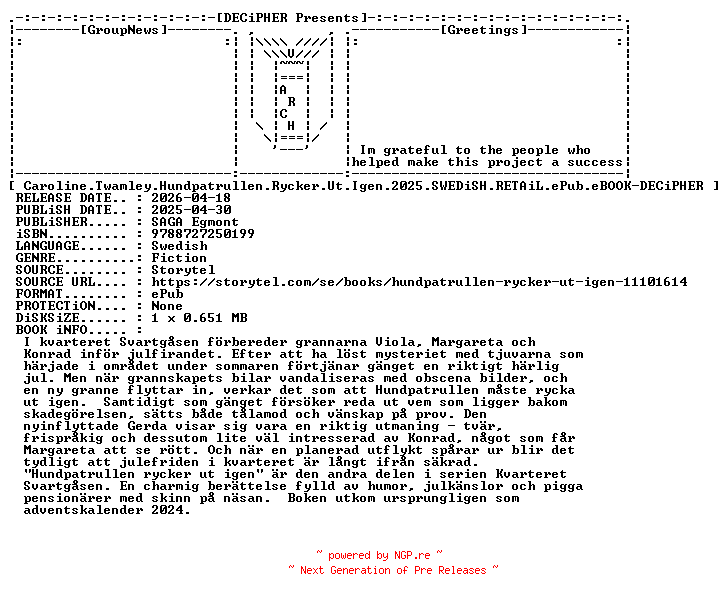 NFO for the release Caroline.Twamley.Hundpatrullen.Rycker.Ut.Igen.2025.SWEDiSH.RETAiL.ePub.eBOOK-DECiPHER by DECiPHER