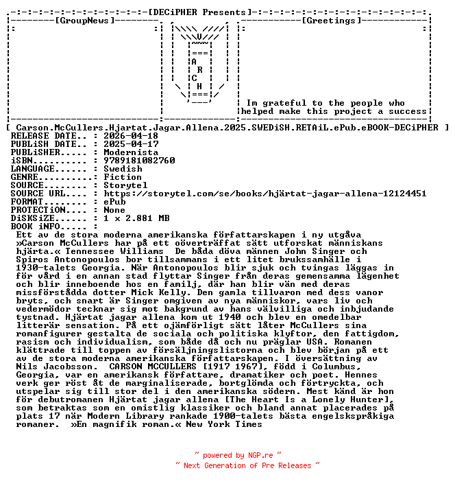 NFO for the release Carson.McCullers.Hjartat.Jagar.Allena.2025.SWEDiSH.RETAiL.ePub.eBOOK-DECiPHER by DECiPHER