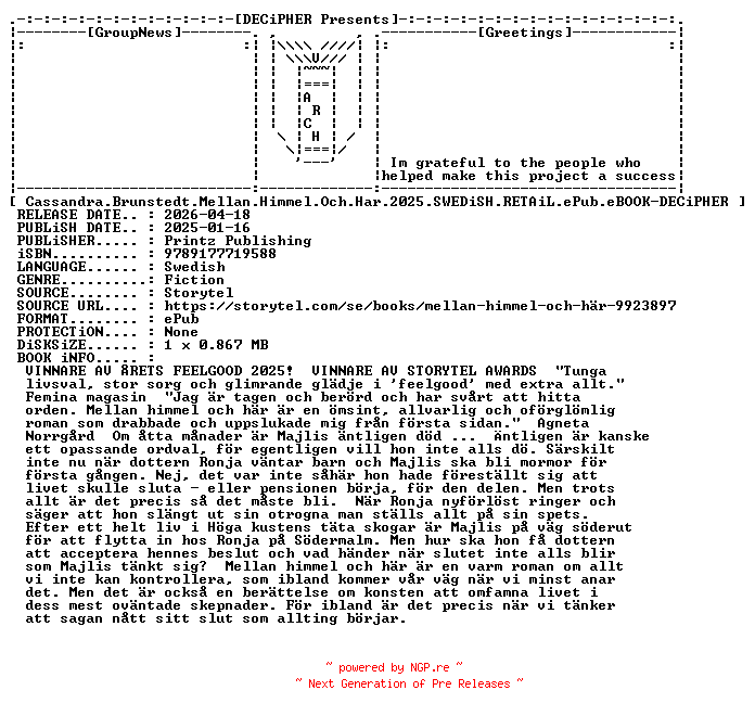 NFO for the release Cassandra.Brunstedt.Mellan.Himmel.Och.Har.2025.SWEDiSH.RETAiL.ePub.eBOOK-DECiPHER by DECiPHER