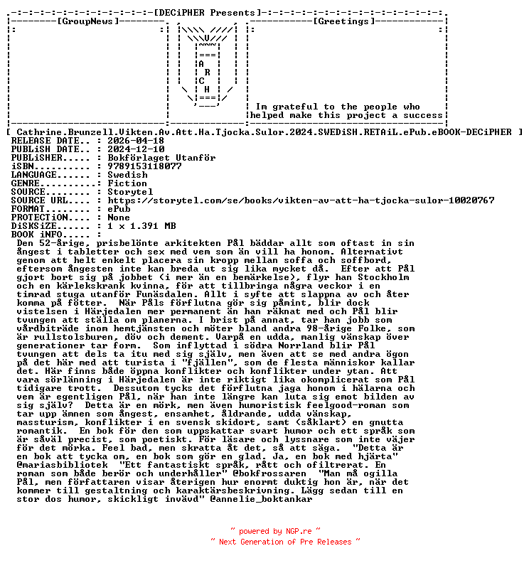 NFO for the release Cathrine.Brunzell.Vikten.Av.Att.Ha.Tjocka.Sulor.2024.SWEDiSH.RETAiL.ePub.eBOOK-DECiPHER by DECiPHER
