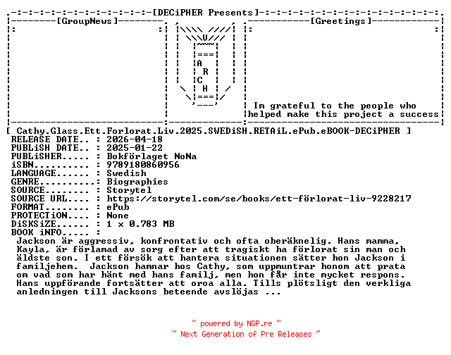 NFO for the release Cathy.Glass.Ett.Forlorat.Liv.2025.SWEDiSH.RETAiL.ePub.eBOOK-DECiPHER by DECiPHER