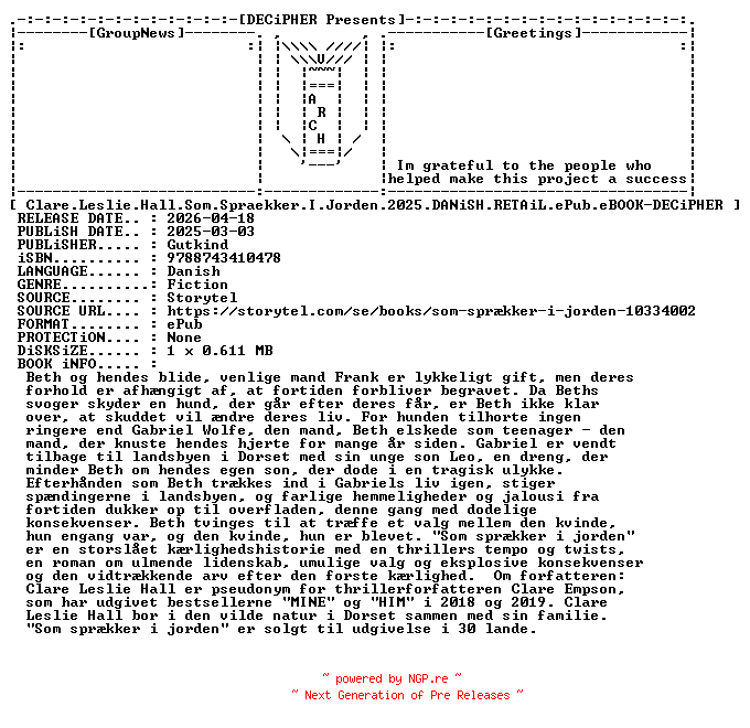 NFO for the release Clare.Leslie.Hall.Som.Spraekker.I.Jorden.2025.DANiSH.RETAiL.ePub.eBOOK-DECiPHER by DECiPHER