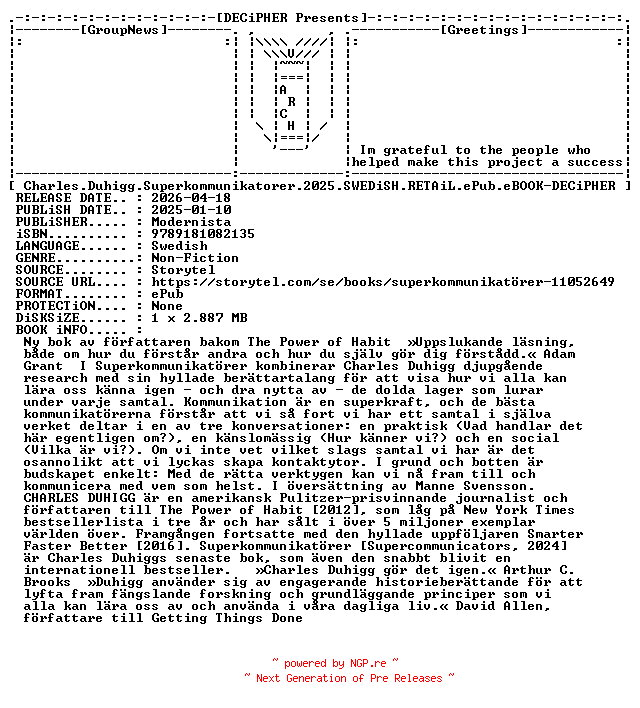 NFO for the release Charles.Duhigg.Superkommunikatorer.2025.SWEDiSH.RETAiL.ePub.eBOOK-DECiPHER by DECiPHER