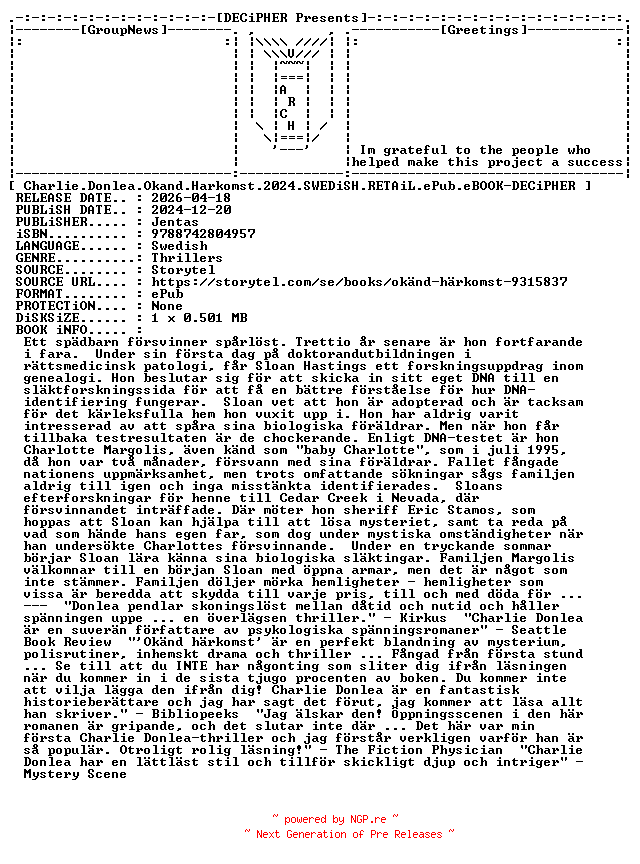 NFO for the release Charlie.Donlea.Okand.Harkomst.2024.SWEDiSH.RETAiL.ePub.eBOOK-DECiPHER by DECiPHER