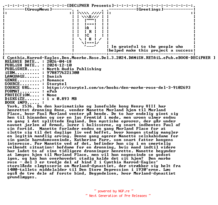 NFO for the release Cynthia.Harrod.Eagles.Den.Moerke.Rose.Del.3.2024.DANiSH.RETAiL.ePub.eBOOK-DECiPHER by DECiPHER