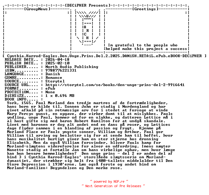NFO for the release Cynthia.Harrod.Eagles.Den.Unge.Prins.Del.2.2025.DANiSH.RETAiL.ePub.eBOOK-DECiPHER by DECiPHER