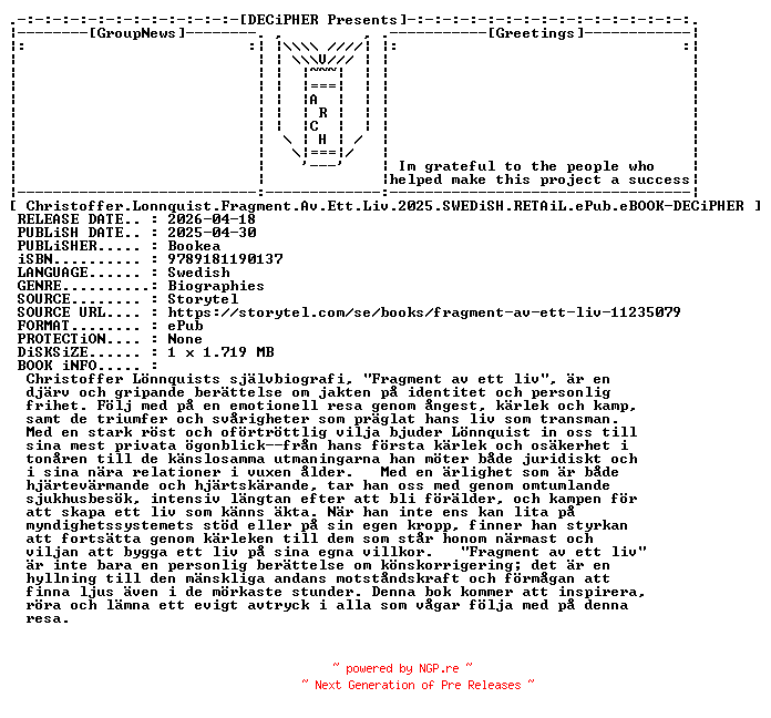 NFO for the release Christoffer.Lonnquist.Fragment.Av.Ett.Liv.2025.SWEDiSH.RETAiL.ePub.eBOOK-DECiPHER by DECiPHER