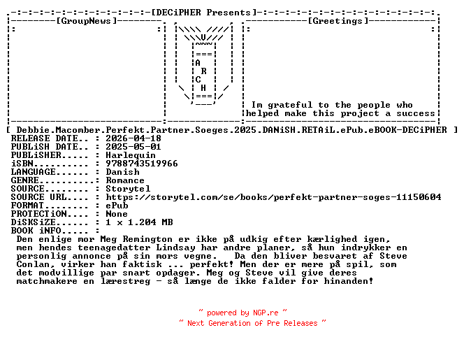 NFO for the release Debbie.Macomber.Perfekt.Partner.Soeges.2025.DANiSH.RETAiL.ePub.eBOOK-DECiPHER by DECiPHER