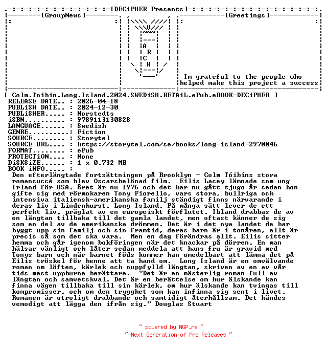 NFO for the release Colm.Toibin.Long.Island.2024.SWEDiSH.RETAiL.ePub.eBOOK-DECiPHER by DECiPHER