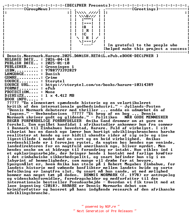 NFO for the release Dennis.Noermark.Harare.2025.DANiSH.RETAiL.ePub.eBOOK-DECiPHER by DECiPHER