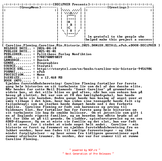 NFO for the release Caroline.Fleming.Caroline.Min.Historie.2025.DANiSH.RETAiL.ePub.eBOOK-DECiPHER by DECiPHER