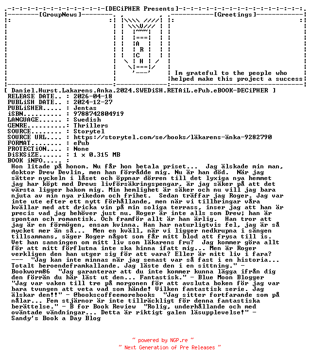 NFO for the release Daniel.Hurst.Lakarens.Anka.2024.SWEDiSH.RETAiL.ePub.eBOOK-DECiPHER by DECiPHER