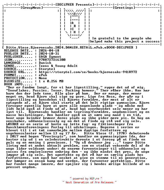 NFO for the release Ditte.Wiese.Bjoernesaks.2024.DANiSH.RETAiL.ePub.eBOOK-DECiPHER by DECiPHER
