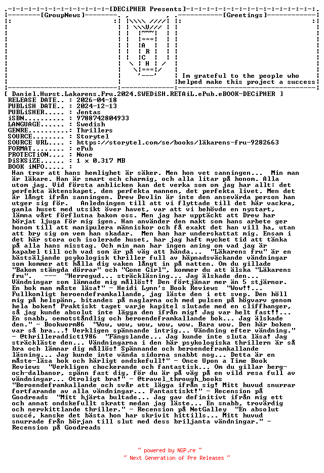 NFO for the release Daniel.Hurst.Lakarens.Fru.2024.SWEDiSH.RETAiL.ePub.eBOOK-DECiPHER by DECiPHER