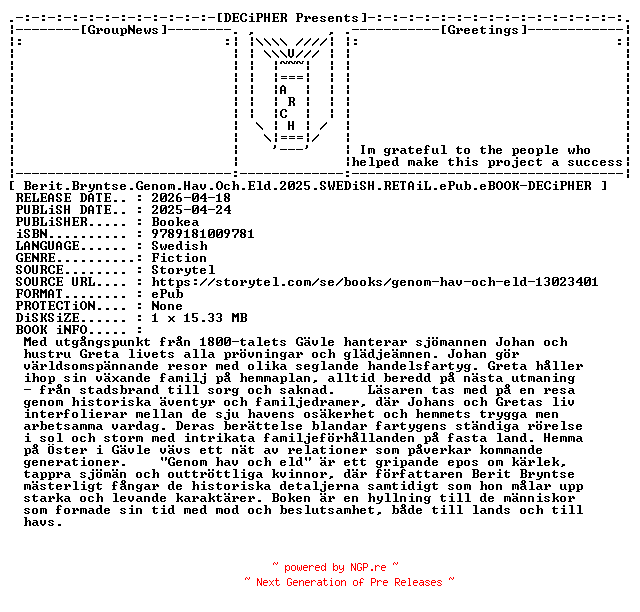 NFO for the release Berit.Bryntse.Genom.Hav.Och.Eld.2025.SWEDiSH.RETAiL.ePub.eBOOK-DECiPHER by DECiPHER