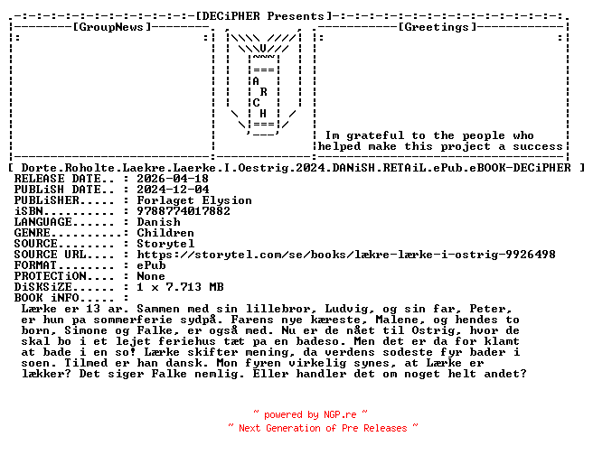 NFO for the release Dorte.Roholte.Laekre.Laerke.I.Oestrig.2024.DANiSH.RETAiL.ePub.eBOOK-DECiPHER by DECiPHER