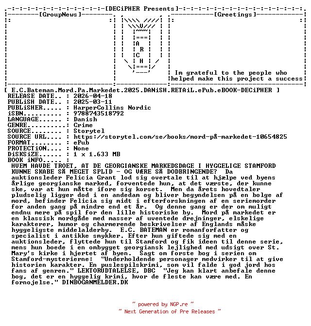 NFO for the release E.C.Bateman.Mord.Pa.Markedet.2025.DANiSH.RETAiL.ePub.eBOOK-DECiPHER by DECiPHER