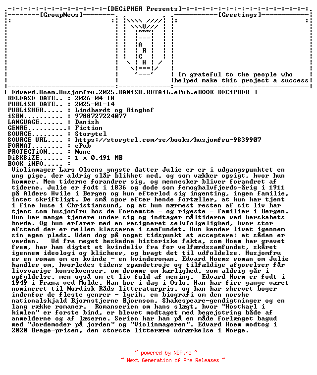 NFO for the release Edvard.Hoem.Husjomfru.2025.DANiSH.RETAiL.ePub.eBOOK-DECiPHER by DECiPHER
