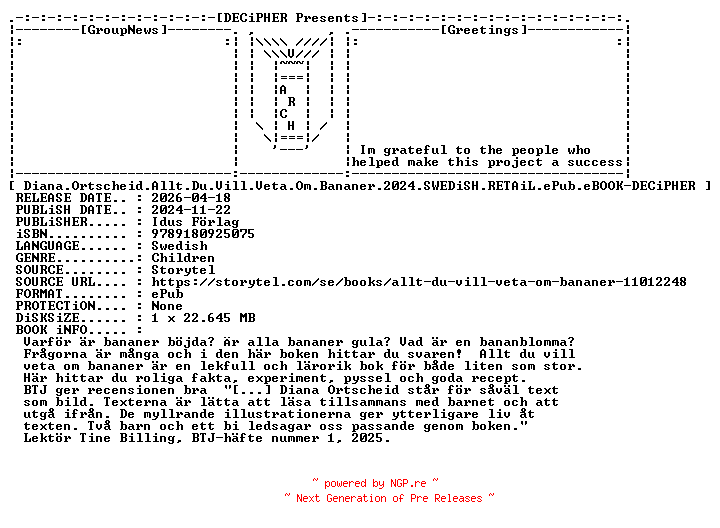 NFO for the release Diana.Ortscheid.Allt.Du.Vill.Veta.Om.Bananer.2024.SWEDiSH.RETAiL.ePub.eBOOK-DECiPHER by DECiPHER