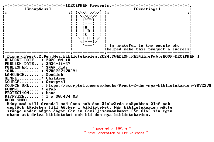 NFO for the release Disney.Frost.2.Den.Nya.Bibliotekarien.2024.SWEDiSH.RETAiL.ePub.eBOOK-DECiPHER by DECiPHER