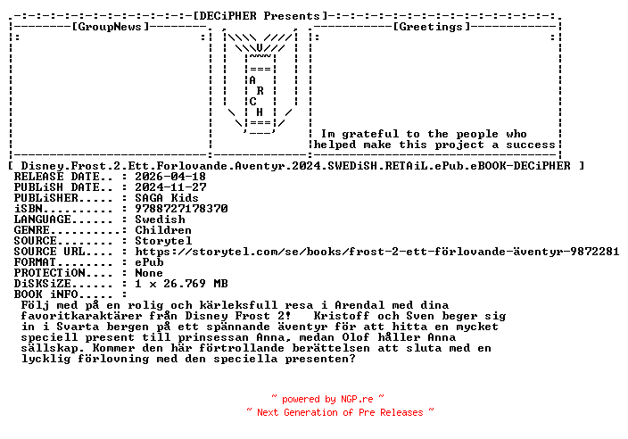 NFO for the release Disney.Frost.2.Ett.Forlovande.Aventyr.2024.SWEDiSH.RETAiL.ePub.eBOOK-DECiPHER by DECiPHER