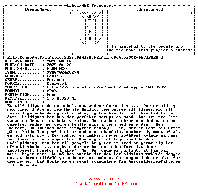 NFO for the release Elle.Kennedy.Bad.Apple.2025.DANiSH.RETAiL.ePub.eBOOK-DECiPHER by DECiPHER