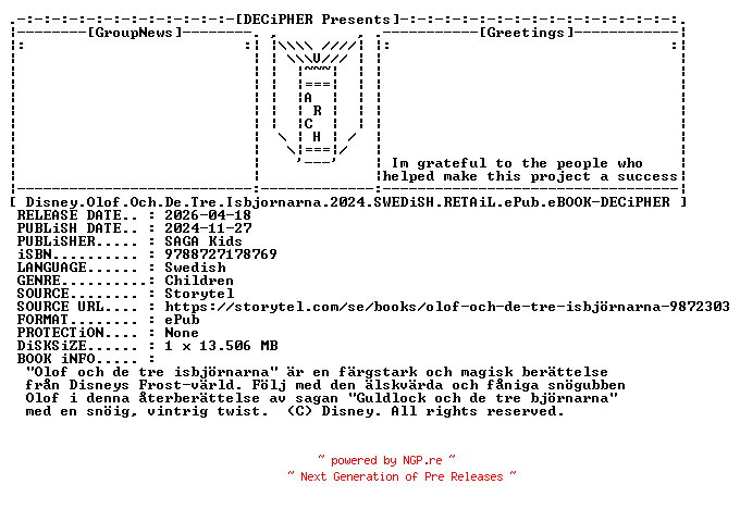NFO for the release Disney.Olof.Och.De.Tre.Isbjornarna.2024.SWEDiSH.RETAiL.ePub.eBOOK-DECiPHER by DECiPHER