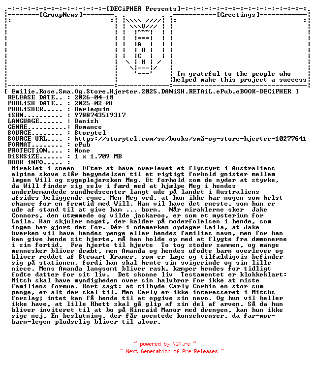 NFO for the release Emilie.Rose.Sma.Og.Store.Hjerter.2025.DANiSH.RETAiL.ePub.eBOOK-DECiPHER by DECiPHER