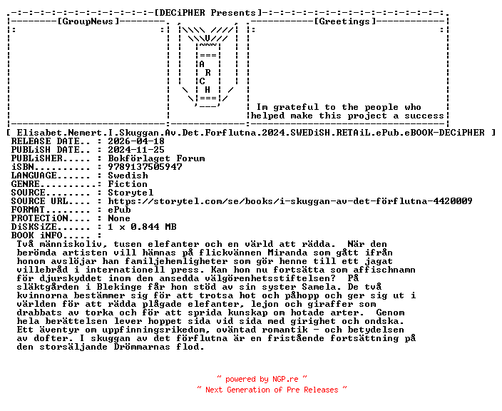 NFO for the release Elisabet.Nemert.I.Skuggan.Av.Det.Forflutna.2024.SWEDiSH.RETAiL.ePub.eBOOK-DECiPHER by DECiPHER
