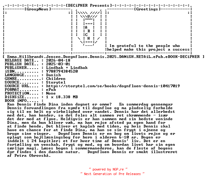 NFO for the release Emma.Hillbrandt.Jensen.Doegnfluen.Dennis.2025.DANiSH.RETAiL.ePub.eBOOK-DECiPHER by DECiPHER