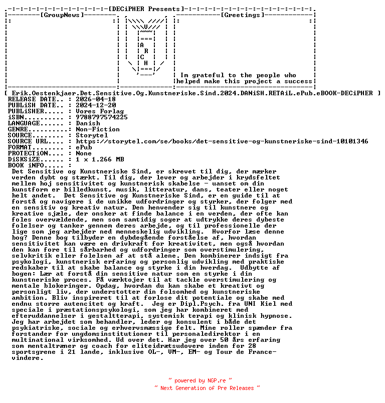 NFO for the release Erik.Oestenkjaer.Det.Sensitive.Og.Kunstneriske.Sind.2024.DANiSH.RETAiL.ePub.eBOOK-DECiPHER by DECiPHER